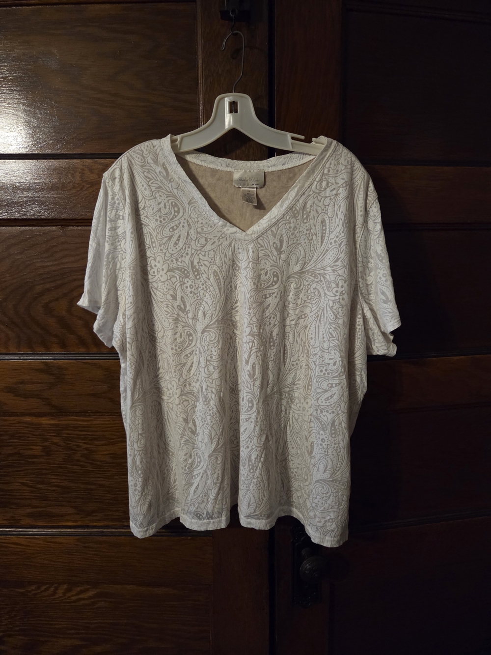 Y2k 3x Studio Works Cream Paisley V-Neck Short Sleeve Top